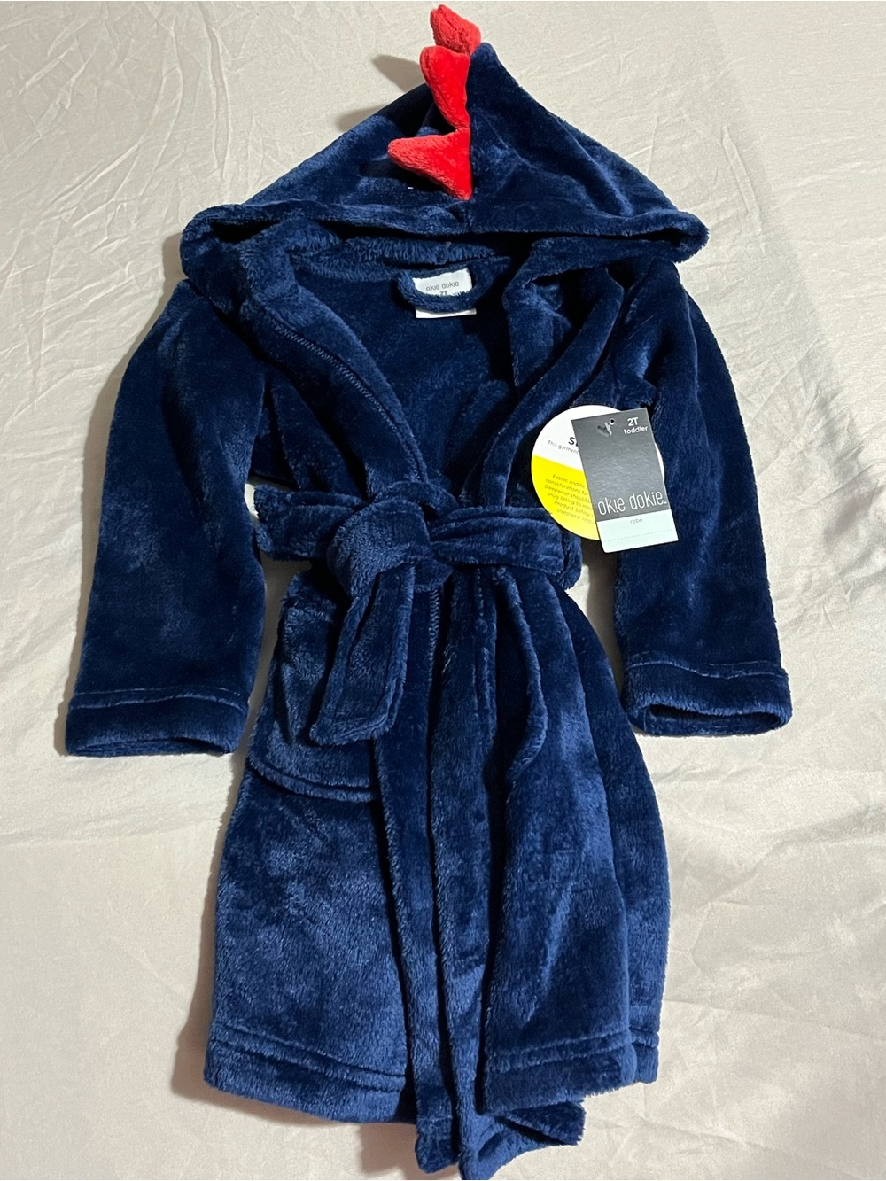 Okie Dokie Navy Blue Plush Kids Hooded Robe with Red Dino Spikes Size 2T NWT